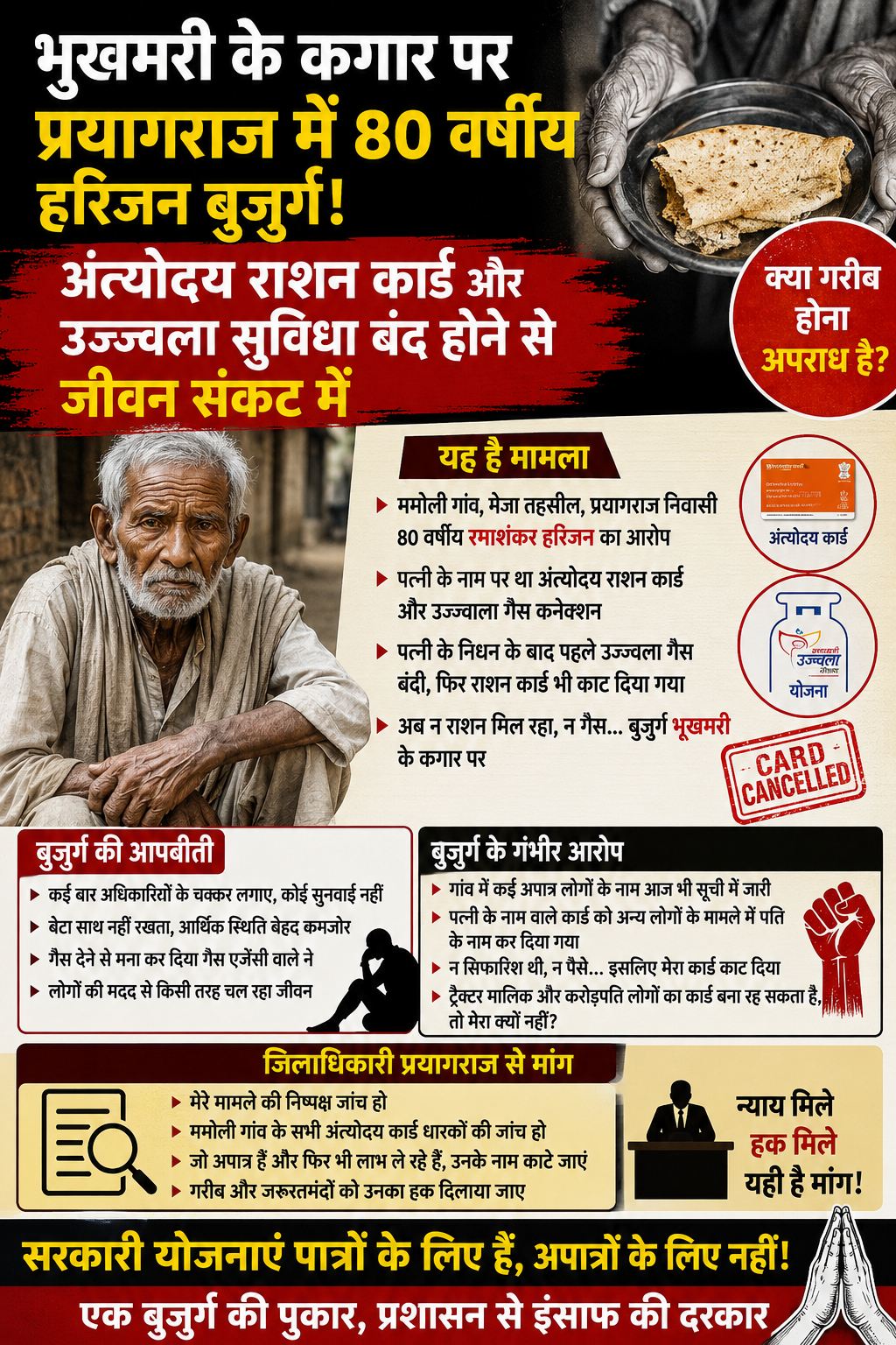 भुखमरी के कगार पर प्रयागराज में 80 वषीय हरिजन बुजुर्ग, अंत्योदय राशन कार्ड और उज्ज्वला सुविधा बंद होने से जीवन संकट में