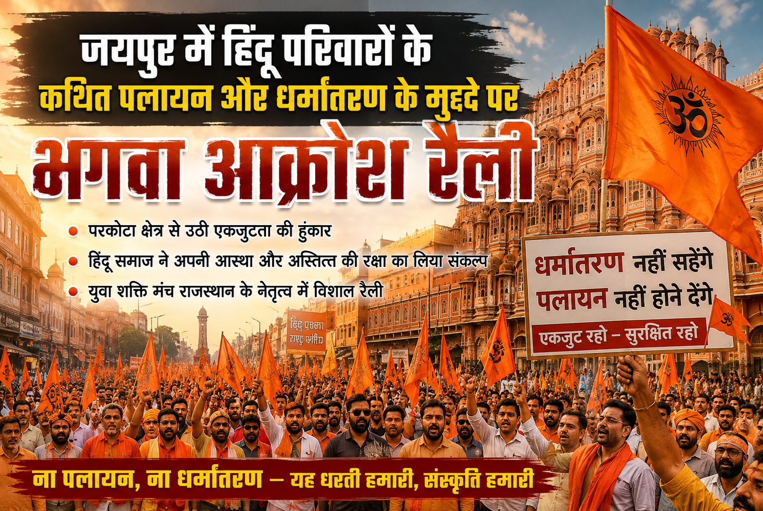 जयपुर में हिंदू परिवारों के कथित पलायन और धर्मांतरण के मुद्दे पर भगवा आक्रोश रैली